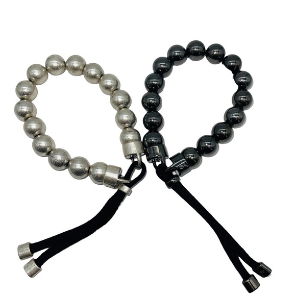 Beaded Bracelets Set Black & Silver Stretchy Adjustable Unisex - Picture 8 of 10
